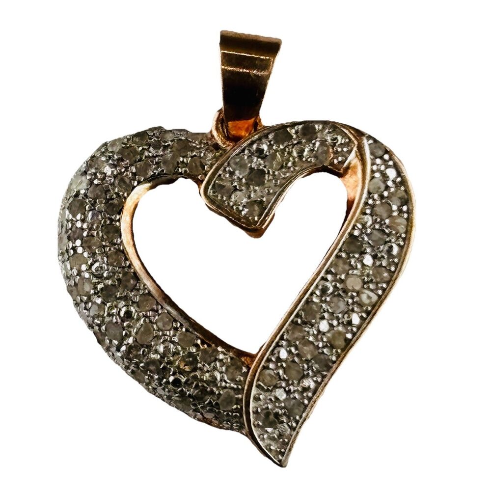 925 Sterling Vermeil Heart Pendant Pave Rough Natural Diamonds signed DBJ